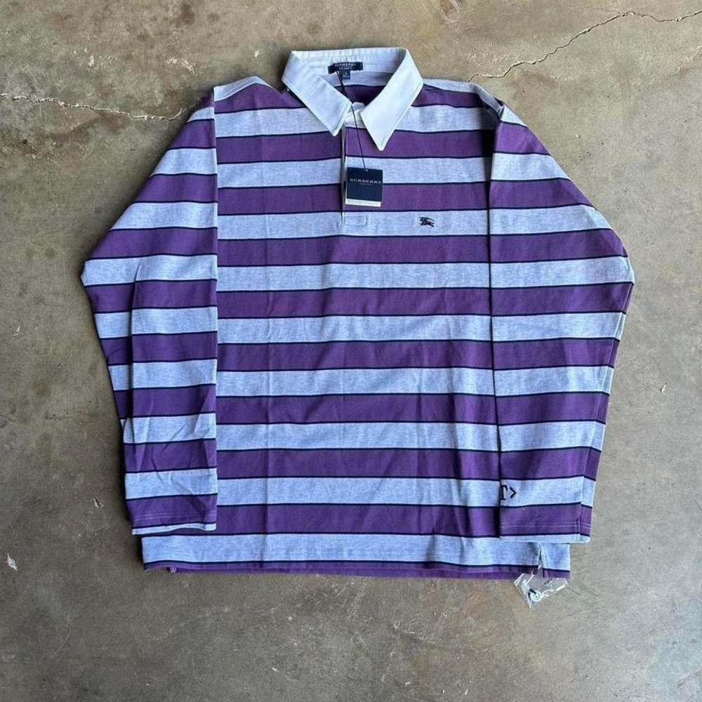 Vintage 2000s Y2K burrberry purple and white striped rugby long sleeve shirt
